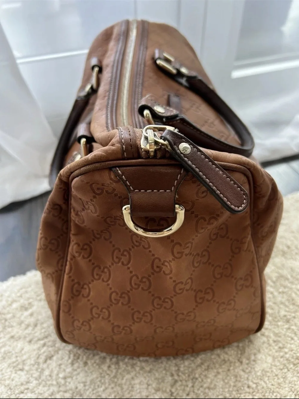 Authentic GUCCI Guccissima Brown Leather Boston Bag Vintage Joy Satchel Medium